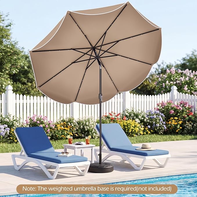 Tangkula 9 FT Solar Patio Umbrella, 2-Tiers Outdoor Scalloped Table Umbrella with 24 LED Lights, Tilt Adjustment, Crank, 8 Ribs for Market Backyard Pool Deck Beach Lawn