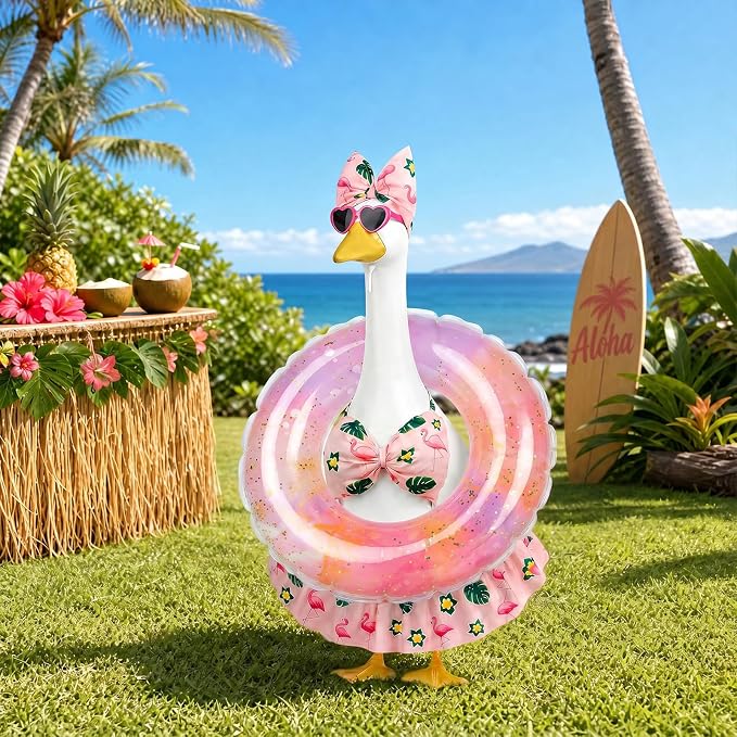 Hawaiian Porch Goose Outfits Summer, Flamingo Bikini Goose Outfit | Goose Costume with Sunglasses & Swim Ring Fits 17 23 Inch Cement Yard Plastic Statues, Outdoor Garden Patio Decor