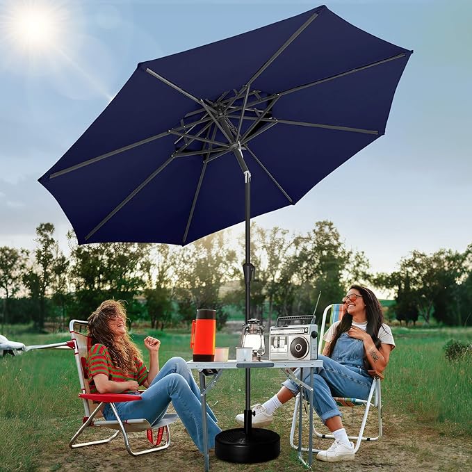 FLAME&SHADE 9ft Patio Umbrella - 2 Tiers Outdoor Umbrella with Push Button Tilt and Crank for UV Protection, Table Market Umbrella for Garden, Deck, Backyard, Pool and Beach(Navy Blue)