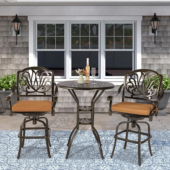 VIVIJASON 31" Patio Height Bar Table, All-Weather Cast Aluminum Bar Bistro Table Outdoor Patio Round Dining Table with Umbrella Hole for Balcony, Lawn, Garden, Backyard, Antique Bronze