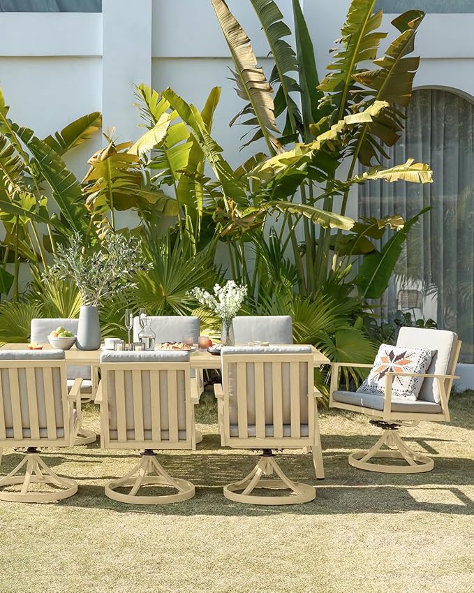 9 Pieces Outdoor Dining Set, Never-Rust Aluminum Patio Swivel Dining Set with Umbrella Hole, 360° Rotation Outdoor Patio Furniture Set, 8 Swivel Chairs and Table for Garden, Yard, Maple Wood