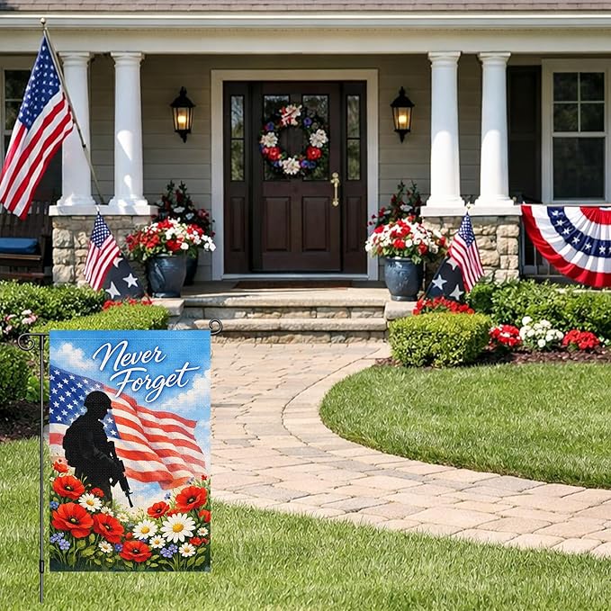 Heyfibro Memorial Day Never Forget Garden Flag 12x18 Inch Double Sided 4th of July Veteran House Flags Patriotic Independence Day Garden Flag for Outside Yard Decorations