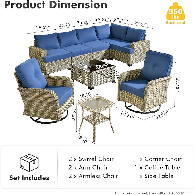 9 Piece Patio Furniture All Weather 7-Seater Outdoor Sectional Sofa with Patio Swivel Chairs and Solar Powered Coffee Table for Porch,Garden,Backyard,Deck(Blue)
