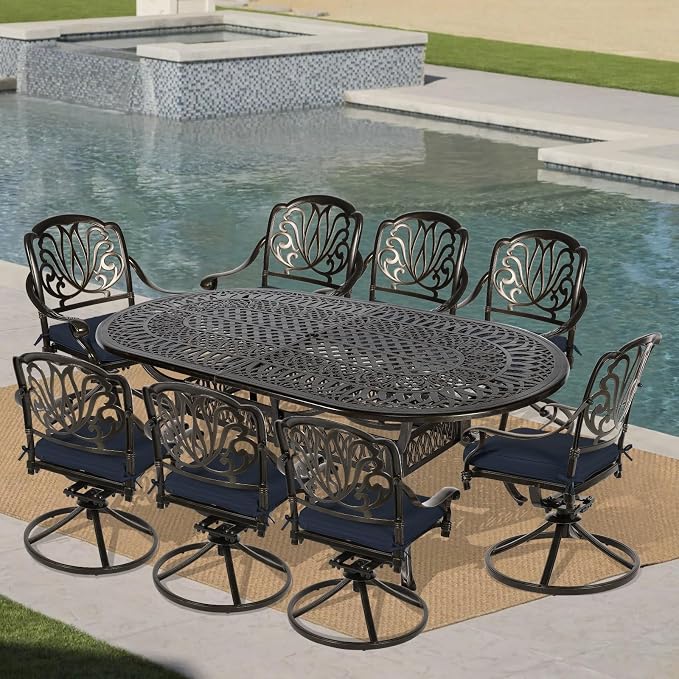 VIVIJASON 9-Piece Patio Furniture Dining Set, All-Weather Cast Aluminum Outdoor Conversation Set, Include 8 Swivel Dining Chairs and an Oval Table with Umbrella Hole, Navy Blue Cushion