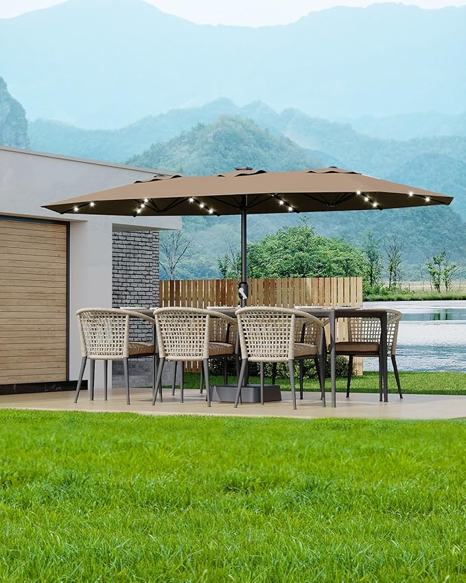 GarveeLife 15 ft Large Patio Umbrella with Lights, 36 LED Lights Double-sided Patio Umbrella with Weighted Base for Poolside Garden Backyard