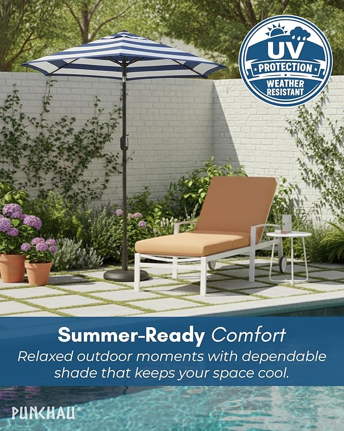 6 Ft Outdoor Patio Umbrella, Easy to Open/Close Crank and Push Button Tilt Adjustment - Navy Blue Striped Market Umbrellas