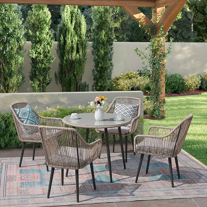 JOIVI 5 Piece Outdoor Dining Set, Wicker Patio Furniture Dining Table and Chairs Set with Cushions for 4 People, Tempered Glass Tabletop with 2.16” Umbrella Hole, for Lawn, Backyard, Garden