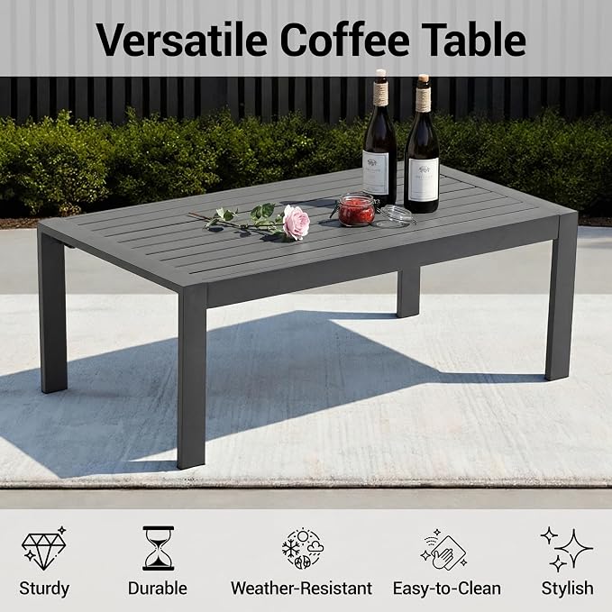 4-Piece All-Weather Metal Patio Furniture Set, Sectional Conversation Sofa w/Coffee Table, Heavy Duty Steel Frame & Washable Cushions for Backyard Garden (Khaki, Furniture Set(Straight))