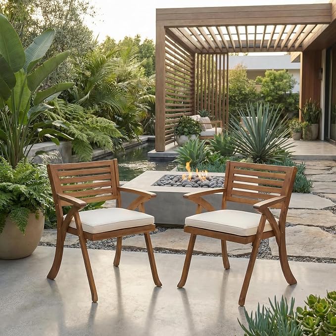 Merax Outdoor Dining Chairs Set of 2, Acacia Wood Chair with Armrests and Cushons, Patio Chair for Porch Deck Garden Lawn Backyard Poolside, Teak Finish, Bear 400LBS