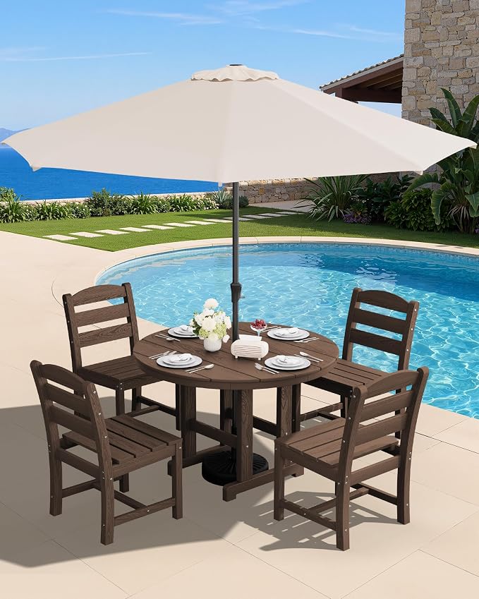 SERWALL 5-Piece Patio Dining Sets, HDPE Outdoor Table and Chairs Furniture Set, 45" Round Dining Table and 4 Armless Dining Chairs, Coffee