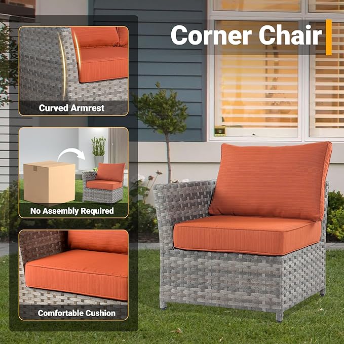 12 Pieces Outdoor Furniture Patio Sectional Sofa Couch Gray PE Wicker Conversation Sets with Ottomans Glass Coffee Table for Garden Poolside Backyard