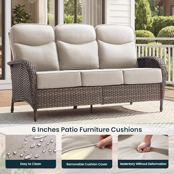 Luxury 6-Inch Cushion Patio Furniture Set with 41" Fire Pit Table, High Back Swivel Rocker Patio Chairs with Outdoor Couch, Outdoor Wicker Conversation for Deck Porch Garden Balcony Poolside
