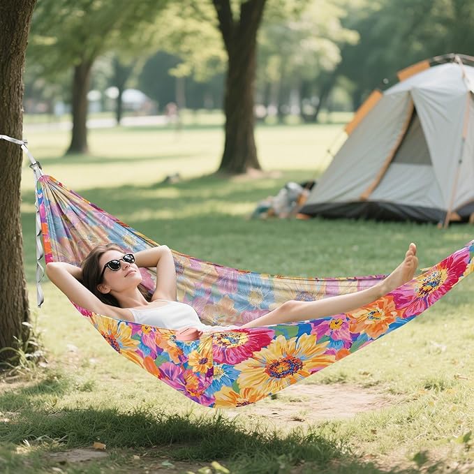 Camping Hammock Outdoor Hammocks for Outside Bright-Coloured Flower Beach Trees Portable Lightweight with Pockets Tree Straps Indoor
