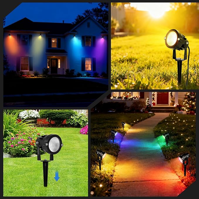 Christmas Spotlights Outdoor: RGBW LED Spot Light Plug in 120V Remote Control 16 Color Changing Landscape Spotlights for Yard Outside House Garden Lawn Path Tree Holiday Décor, 4 Pack (RGB+Warm White)