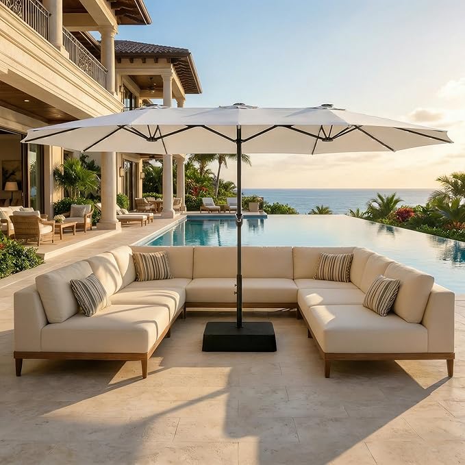 GarveeLife 15 ft Large Patio Umbrella with Lights, 36 LED Lights Double-sided Patio Umbrella with Weighted Base for Poolside Garden Backyard