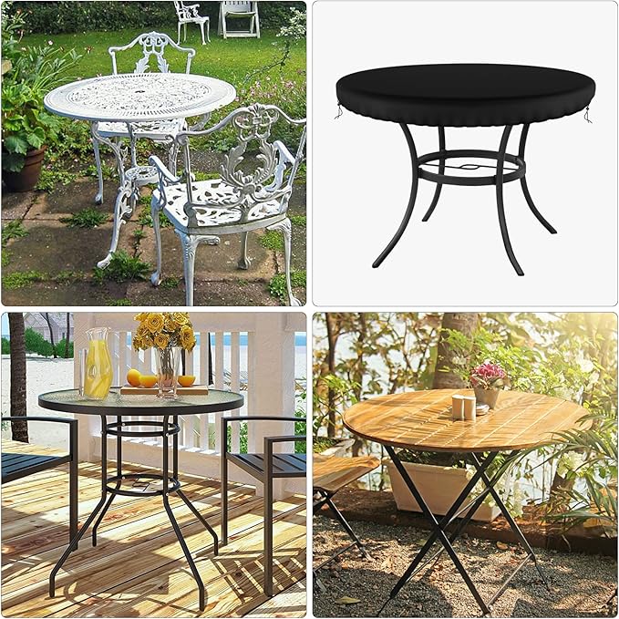 Demao Outdoor Round Table Covers, Waterproof Patio Furniture Covers, UV Resistant Anti-Fading Patio Cover for Outdoor Round Table, Black, 48 inch Diameter
