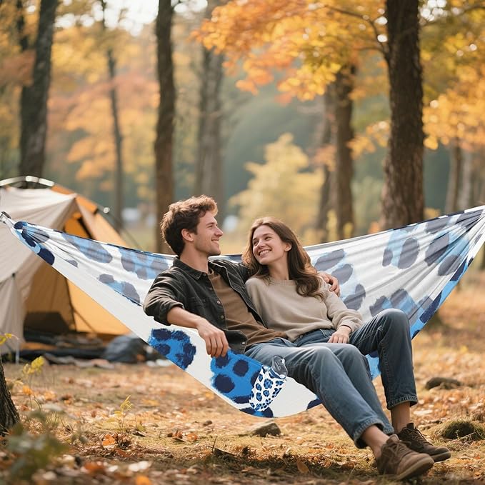Blue Black Leopard Print 330lb Capacity Outdoor Hammock with Hanging Rope Swing Hammock for Camping Travel Accessories Silla hamacas para adultos