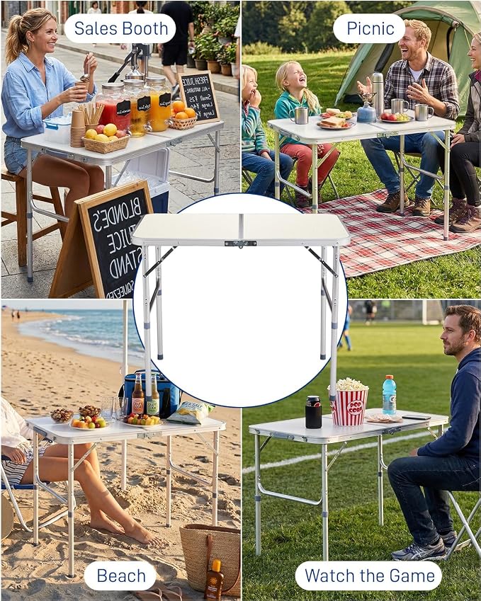 Outvita 3ft Portable Folding Camping Table, Outdoor Waterproof Adjustable Height Table, Aluminum Lightweight Suitcase Foldable Table for Picnic BBQ Beach Dining