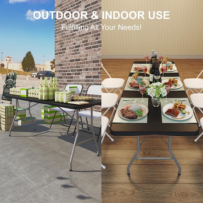 4PK Black Folding Table, 6FT Portable Plastic Folding Table, Foldable Dining Tables with Carrying Handle for Party, Picnic, Camping, Easy to Fold and Storage, for Indoor or Outdoor Use