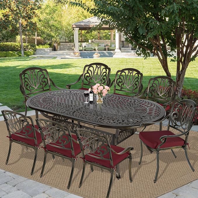 MEETWARM 9-Piece Outdoor Patio Dining Set, 8 Outdoor Dining Cushioned Chairs and 1 Oval Table with 2" Umbrella Hole, All Weather Cast Aluminum Patio Funiture Set for Backyard, Patio, Garden, Chili Red