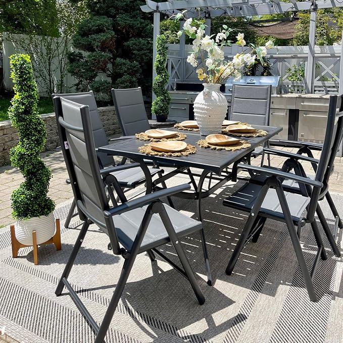 PURPLE LEAF Outdoor Dining Set for 6 Folding Patio Dining Set with Aluminum Rectangular Table and Padded Chairs All Weather Dining Table Sets for Garden Backyard Poolside, Grey