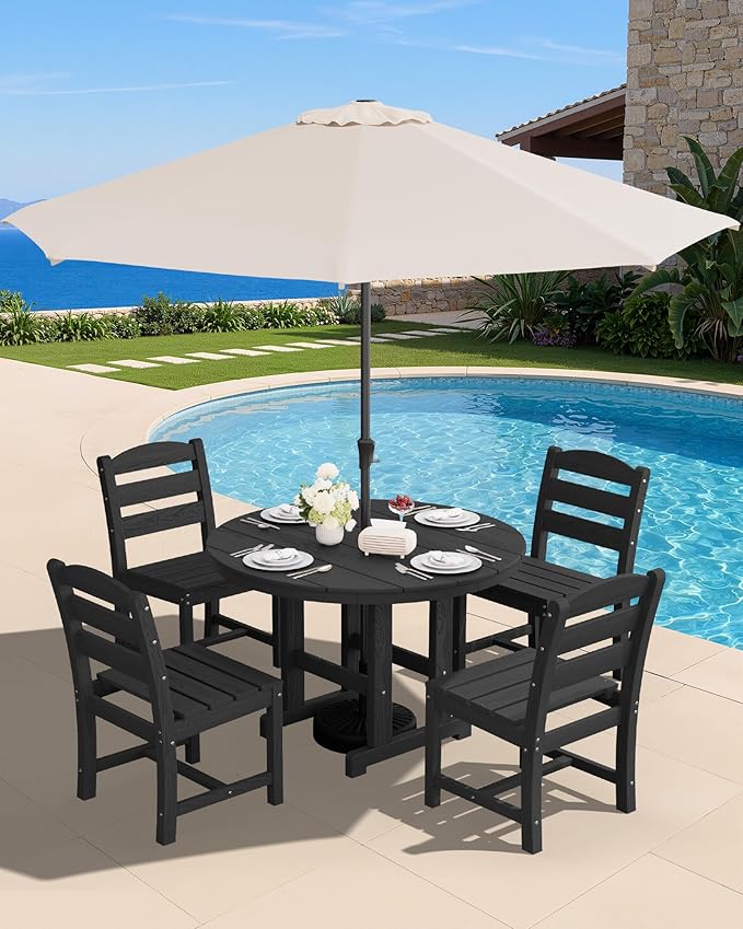 SERWALL 5-Piece Outdoor Round Dining Sets, HDPE Patio Table and Chairs Furniture Set, 45" Round Dining Table and 4 Armless Dining Chairs, Black