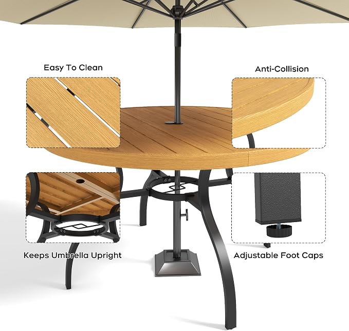 47” Patio Outdoor Dining Table, Wood-Grain Patio Round Table with Umbrella Hole, All-Weather Metal Dining Table for Party, Lawn & Garden
