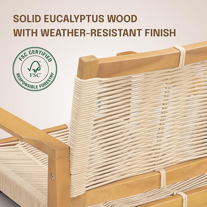 NTC Luno 4 Pieces Solid Wood Lounge Armchairs with Handwoven Rope Seat & Back, Indoor & Outdoor Wooden Chairs for Patio Dining Sets, Modern Patio Lounge Chairs, Easy Assembly, Natural