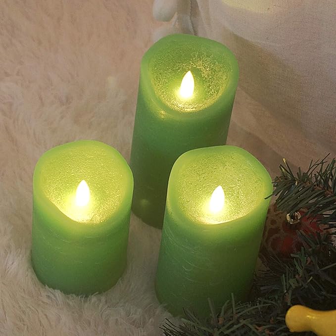 CANDLE CHOICE Battery Operated Flameless Candles with Remote Timer Real Wax Realistic Bright Flickering Electric LED Pillars Lights Wedding Party Christmas Decorations Set of 3 Rustic Texture Green