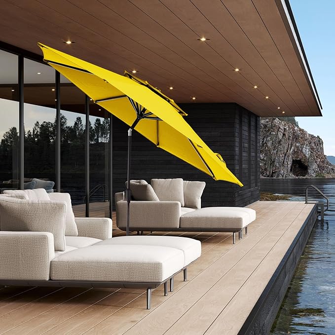 JEAREY 9' 2-Tiers Patio Umbrellas Outdoor Table Market Umbrella w/Push Button Tilt/Crank, 8 Sturdy Ribs, UV Protection Waterproof Sunproof(Yellow)
