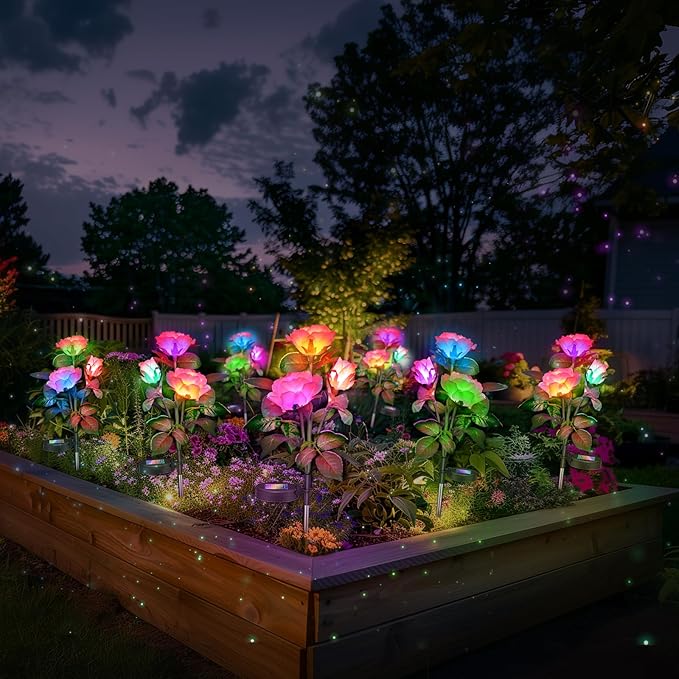 Rose Lights Solar Powered for Women: Garden Light Waterproof for Yard Decorations Outdoor - Flower Lamp Colorful Lighting Cemetery Decor - Mother'S Day Birthday Gifts for Mom Wife 2 Pack Colorful