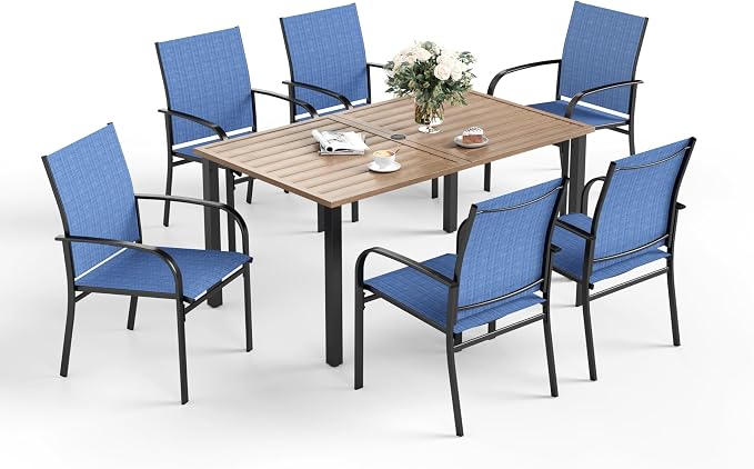 SUNSHINE VALLEY Patio Dining Set for 6, Rectangular Wood-Like Metal Table with Umbrella Hole and 6 Dining Chairs, Outdoor Table and Chairs for Lawn Garden Backyard and Deck,Blue
