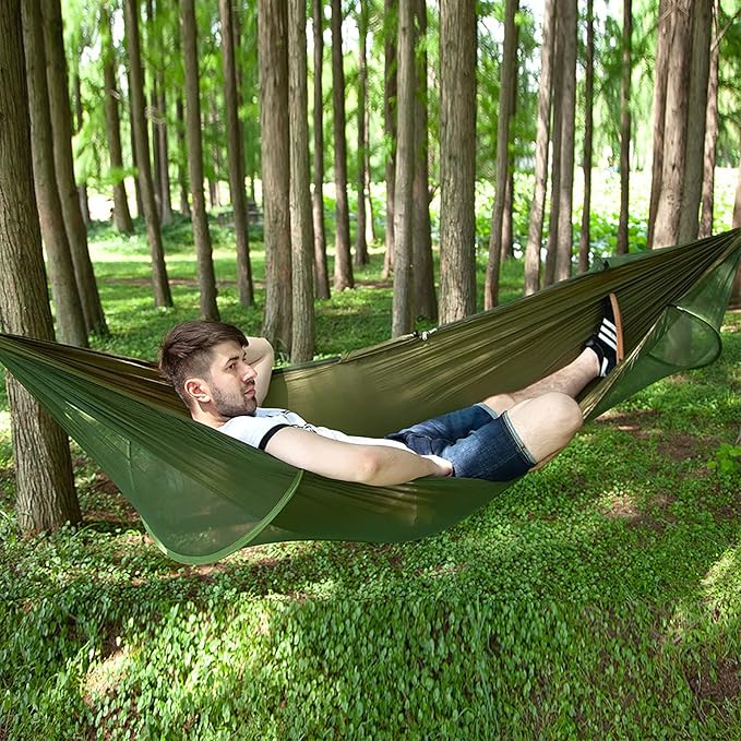 Travel Hammock with Mosquito Net, Lightweight Camping Hammock Hold Up to 200kg, Portable Outdoor Hammock for Camping Hiking Backpacking,Army Green,290x140cm