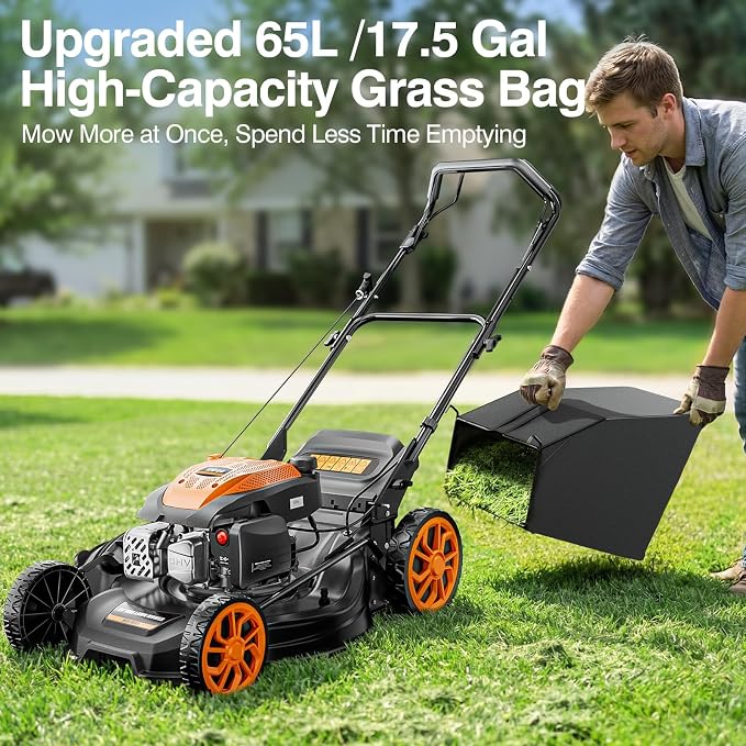 21-Inch Gas Lawn Mower Self Propelled, 170CC 4-in-1 Mulch/Rear Bag/Side Discharge/Rear Discharge, 7-Position Cutting Height, Foldable Gas Powered Lawn Mowers with Bag, Walk-Behind Gas Lawnmower