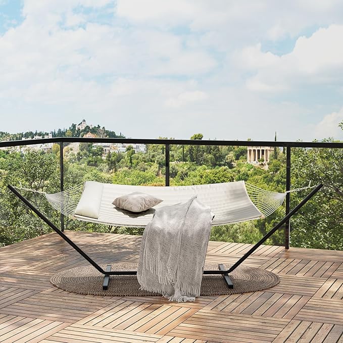 Double Hammock with Stand,450lbs Capacity, 2 Person Cotton Rope Portable Hammock with Polyester Quilted Pad and Pillow,for Garden Yard,Camping and Patio.Off White.