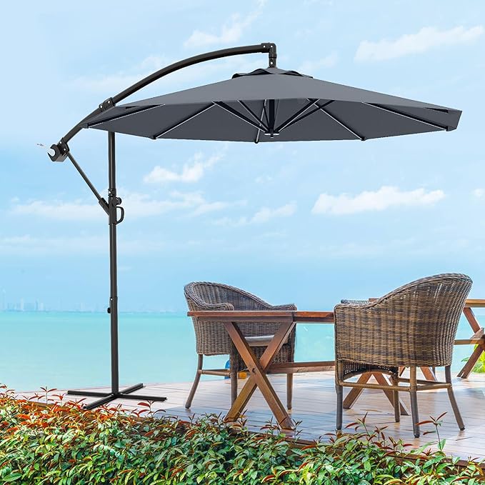 10FT Cantilever Patio Umbrella with Cross Base, Outdoor Offset Market Umbrella with Infinite Tilt and Crank Lift, Outside Umbrellas for Backyard Lawn Garden and Pool (Grey)