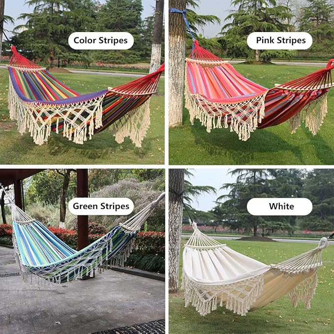 Cotton Canvas Tassel Hammock, Double Boho Hammocks with Macrame Fringe, Portable Camping Indoor Outdoor Garden Hammock Swing with Travel Bag, 150kg Load Capacity Pink Stripes