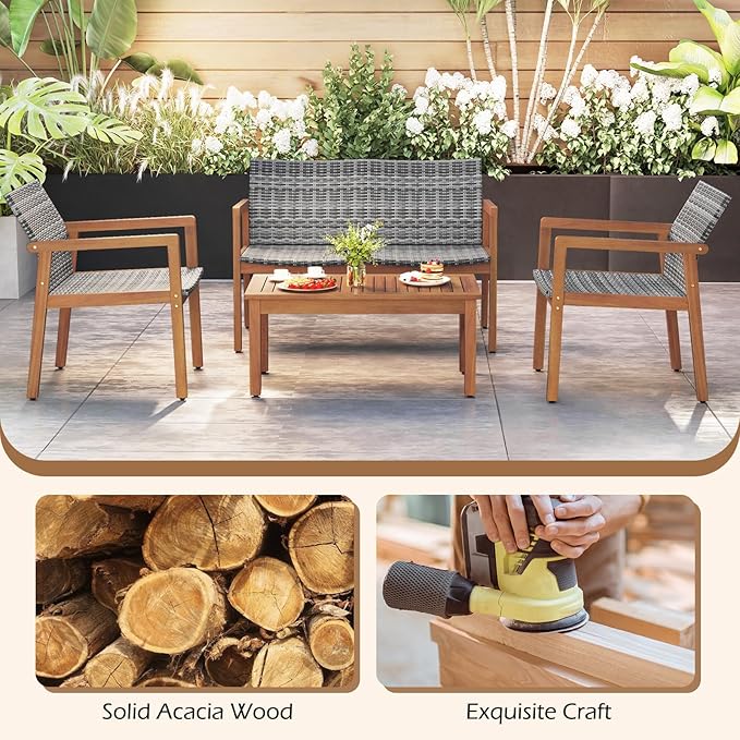 HAPPYGRILL 4-Piece Patio Furniture Set, PE Rattan Patio Bistro Set with Loveseat, Single Chairs & Coffee Table, Outdoor Acacia Wood Conversation Set for Garden, Backyard, Poolside & Porch