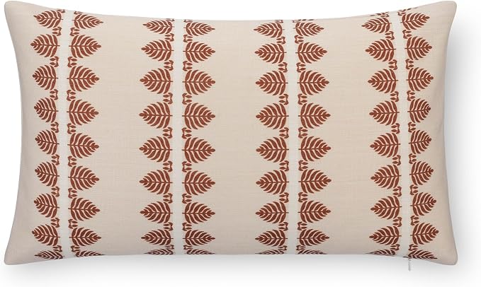 Crumbs Home Modern Farmhouse California Casual Indoor Outdoor Lumbar Pillow Cover, 12"x20" Water Repellent for Patio, Backyard, Couch, Poolside, Earth Tone Rust Orange Neutral Print Leaves Stripes