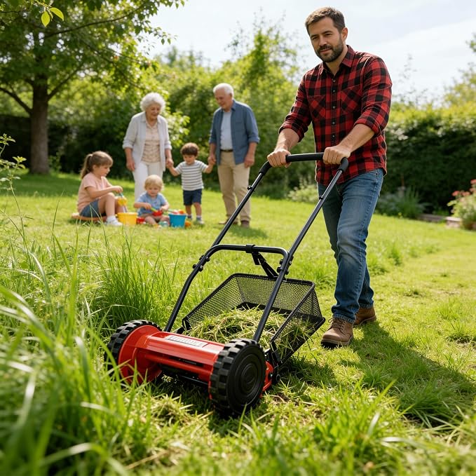 Garvee 14" Cordless Manual Reel Lawn Mower, Walk-Behind Push Mower with 5-Blade Cutting System, Durable Steel Frame, Adjustable Cutting Height, Comfort Grip Handle & 6.7-Gallon Grass Catcher