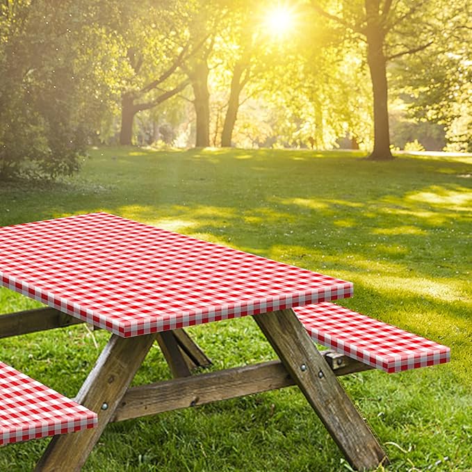 KENOBEE 8ft Picnic Table and Bench Cover, Camping Essentials RV Gear, 96 in Waterproof Windproof Outdoor Elastic All Around Tablecloth, Fitted Rectangle Tables and Seats, Red-White Checkered