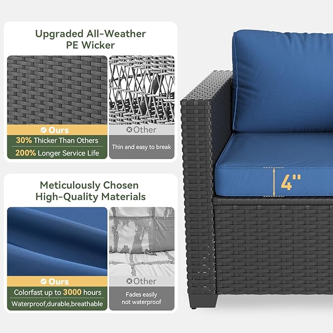 Aoxun 1 Piece Loveseats Patio Furniture Set, Wicker Outdoor Furniture Conversation Set with 4" Thick Cushions for Deck Yard and Poolside Navy Blue