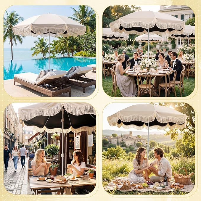 6.5ft Patio Umbrella with Fringe, UPF 50+ UV Boho Outdoor Beach Umbrella with Carry Bag, UV Protection Sun Shade with Tassels for Garden, Deck, Backyard, Poolside Decor