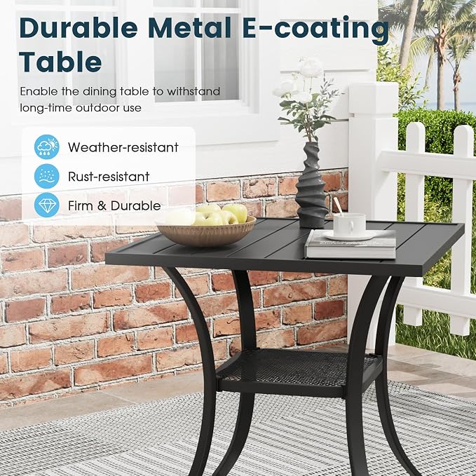 3 Pieces Patio Furniture Dining Set, 2 Textilene Swivel Dining Chairs, 28" Outdoor Square Metal Table with Storage Shelf, Outdoor Dining Set for Porch, Lawn, Garden, Black/Black
