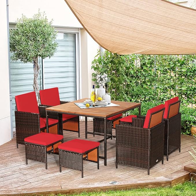 RELAX4LIFE 9-Piece Outdoor Dining Set - Patio Wicker Furniture Set w/Acacia Wood Tabletop, Soft Seat & Back Cushions, Dining Table & Chair Set for Backyard, Poolside (Red)