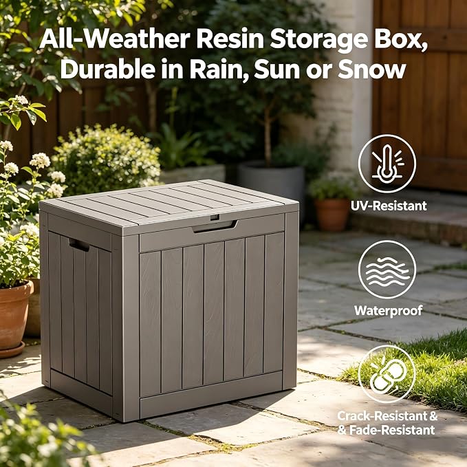 34 Gallon Outdoor Storage Box, Resin Deck Box Waterproof, Raised Bottom Outside Storage Bin with Lockable Lid for Patio Cushions & Garden Tools - Beige