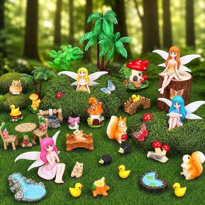 40Pcs Fairy Garden Accessories Miniature Garden Ornaments Kit with Mini Animal Plant Fairies Furniture House Figures Bulk for Micro Landscape DIY Terrarium Potted Plants Dollhouse Decor
