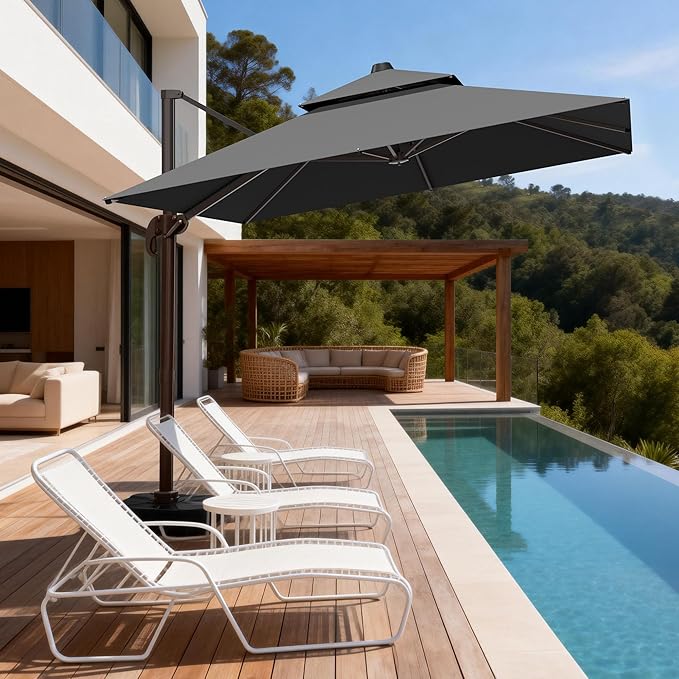 10x10Ft Patio Umbrella Outdoor Cantilever Rectangle Umbrella with Base Included, 6-Level Tilt & 360° Rotation Offset Umbrella for Garden, Deck, Pool(Grey)