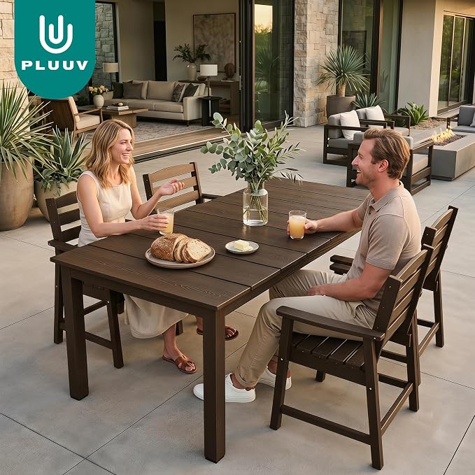 PLUUV 5-Piece Patio Dining Set, Hdpe Outdoor Patio Furniture Set with Aluminum Table Legs & Umbrella Hole, All-Weather Resistant Patio Table Set for Garden, Backyard, 4 Chairs & 1 Table, Coffee