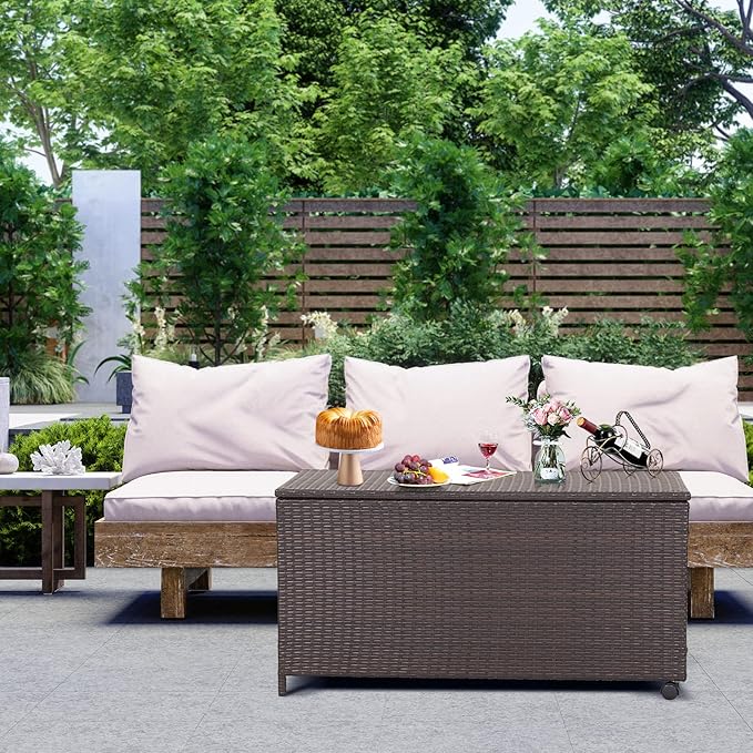 50 Gallon Deck Box, PE Wicker Storage Box with Lid, Water-resistant Liner & Universal Wheels, Outdoor Storage Container for Pillows, Cushions, Garden Tools (Mix Brown)